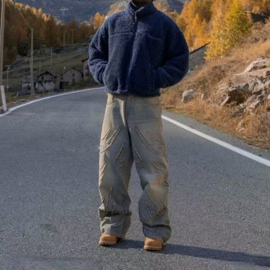 Loose Straight-leg Wide-leg Pants Mud Dyed Ripped Jeans For Men